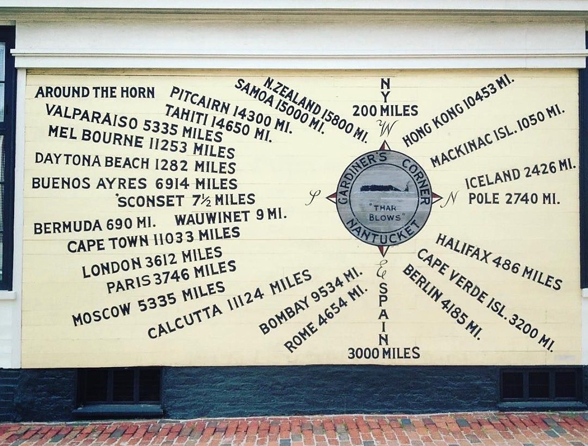 The painted mileage board at Gardiner&rsquo;s Corner &mdash; distances from Nantucket to everywhere, &rsquo;Sconset 7&frac12; miles.