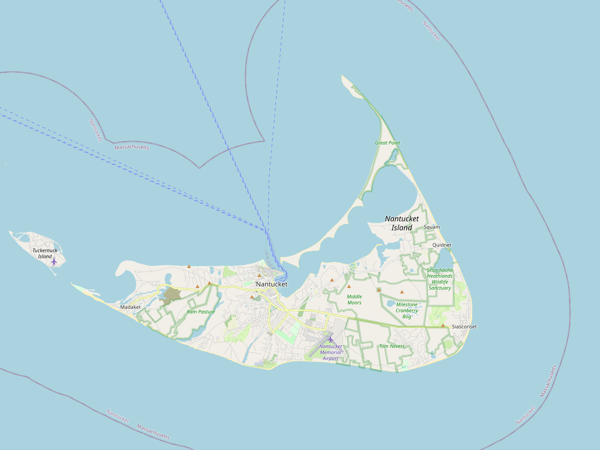 Map of Nantucket island, with the tour route between town and Siasconset.