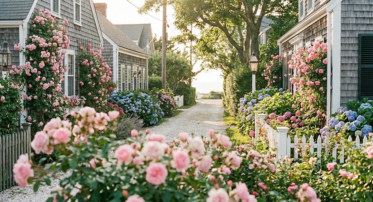 A lane of grey-shingled cottages under climbing roses and hydrangeas, the sea at its end.